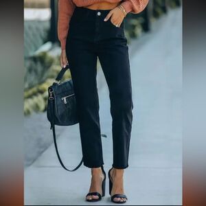 High-Waist Comfortable Women's Stretch Jean Denim Frayed Hem Straight LegBlack